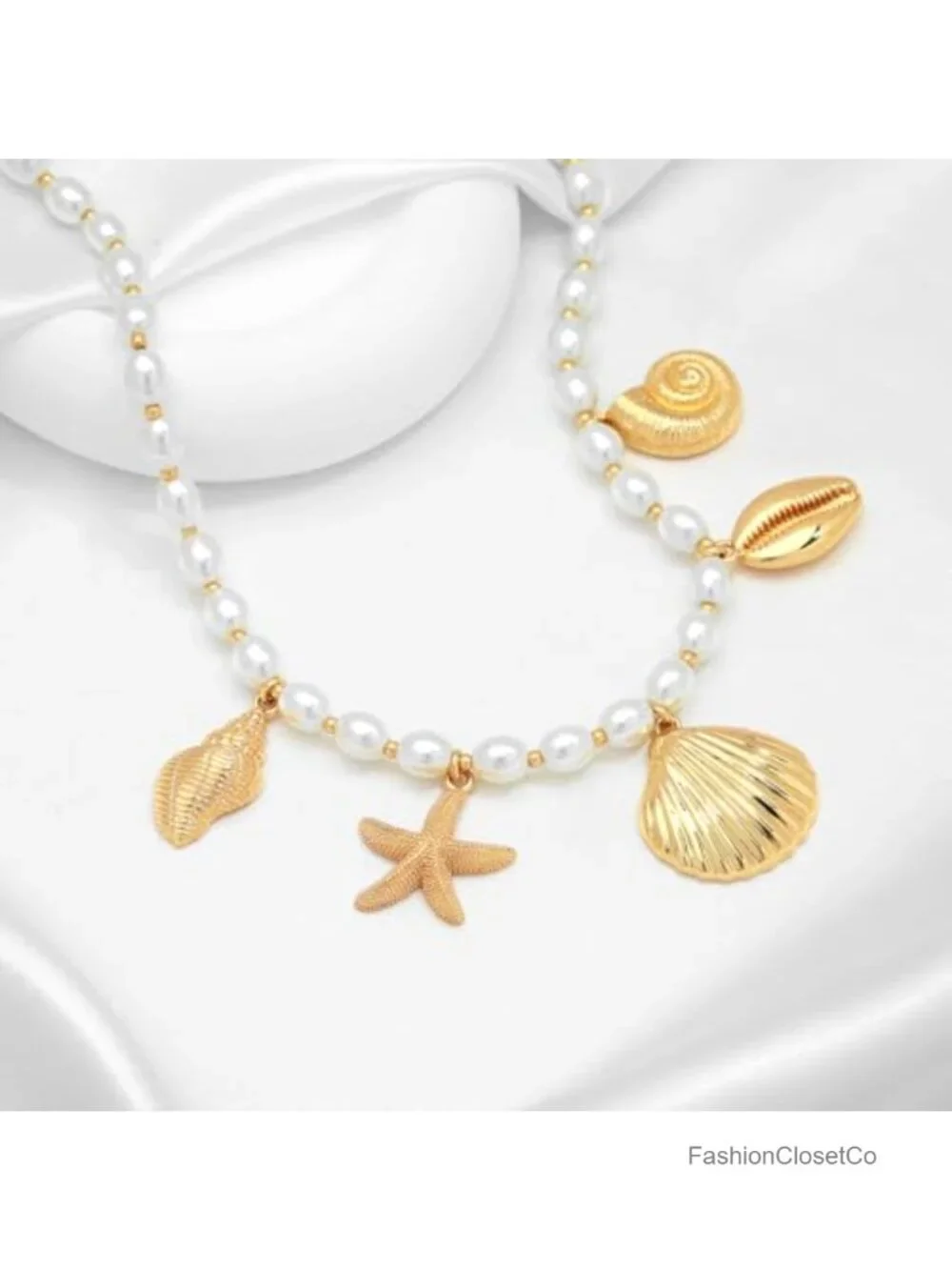 Pearl Sea Shell Charm Necklace Women Gold Plated Conch Starfish Pendant Choker